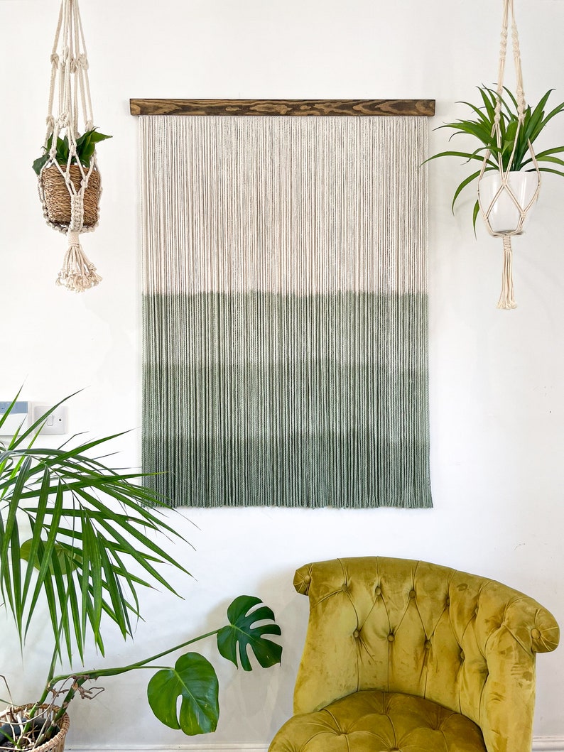 Tapiz de tinte por inmersión, arte de pared Ombre, tinte por inmersión de Macrame, decoración con tinte por inmersión, colgante de pared con tinte por inmersión, colgante de pared verde, decoración verde, colgante de pared Boho imagen 5