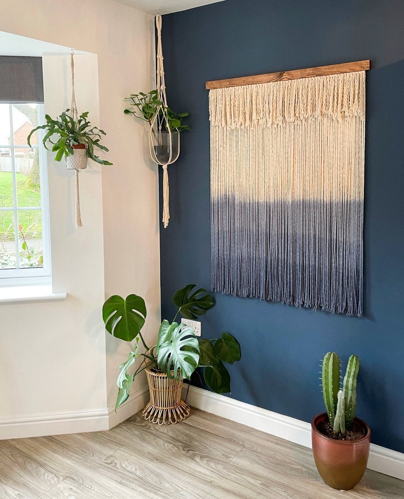 Yarn wall hanging, Boho wall hanging, Fiber art, Dip dye wall hanging, Minimal wall hanging, Rustic home decor image 2