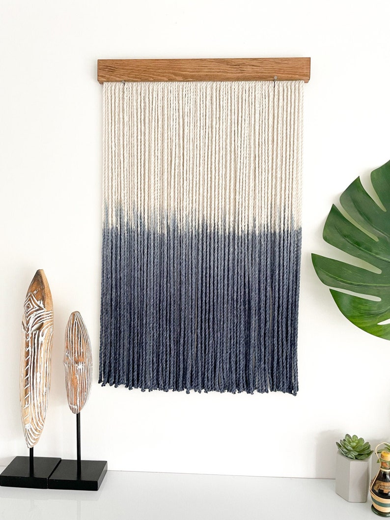 Small wall hanging, Small wall décor, Navy wall décor, Navy wall hanging, Coastal décor, Small fiber art, Simple Décor image 1