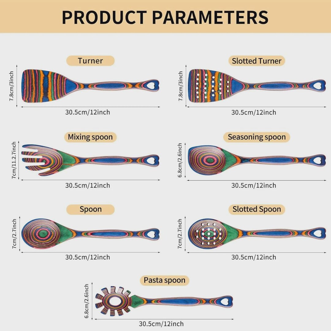 Pakkawood Kitchen Utensil Set, Colorful Wooden Cooking Spoons, 7-Piece