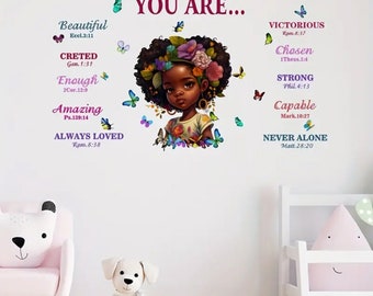 Black Girl Magic You Are Beautiful Wall Decals Stickers, Religious Quote Nursery Scriptures African American Bedroom Art.