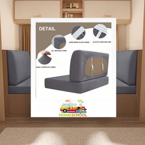 May include: Gray sofa cover with details of hand-sewn elastic band, elastic cord and ties, and highly stretchy fabric. The cover is designed to fit all around the sofa. The image also includes the text "DETAIL" and "ON GO HOMESCHOOL".