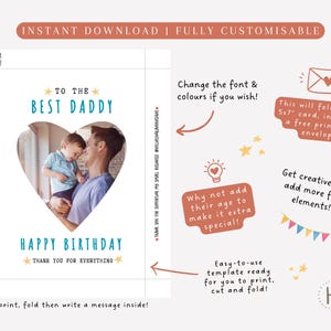 May include: A customizable birthday card template with the text "TO THE BEST DADDY" and "HAPPY BIRTHDAY". The card features a heart-shaped photo frame and instructions to print, fold, and write a message.