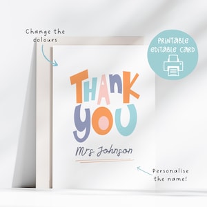 Carte imprimable nom de remerciement pour professeur, carte de professeur personnalisée, carte de remerciement modifiable pour professeur, institutrice de garderie, maternelle