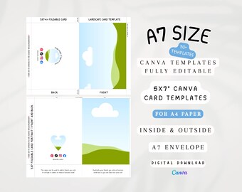 5x7 Greeting Card Template for Canva, A4 Paper, Fold and Cut Lines, Professional DIY Card Maker Kit, Small Business, Card Shop
