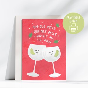 Linda tarjeta imprimible navideña con ginebra, tarjeta de 5 x 7 con sobre imprimible, descarga digital, tarjeta navideña con Gingle Bells, tarjeta para amantes de la ginebra