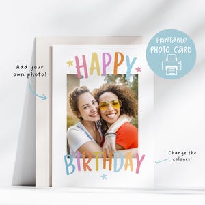 Colourful Photo Birthday Card, Printable Photo Card For Her, 5x7, Photo Birthday Card, Customizable Printable Card, Digital Photo Card