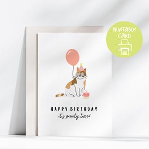 Cute Cat Birthday Card, Friend Printable Card, 5x7 Card with Printable Envelope, Digital Download, Cat Lover Card, Cat Owner, Pawty Time