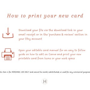 May include: White background with text in a soft brown color. The text reads "How to print your new card" with instructions on downloading and printing a file from Etsy. Includes a download icon and a printer icon.