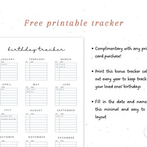 May include: A printable birthday tracker with a minimalist design. The calendar layout includes spaces for names and dates, organized by month. Text at the top reads "Free printable tracker" and "birthday tracker". Additional text describes the tracker's features.
