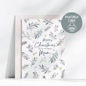 Bloemen moeder afdrukbare kerstkaart, 5 x 7-kaart met afdrukbare envelop, digitale download, botanische kerstkaart, Merry Christmas Mum Card