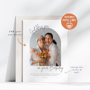 May include: A printable photo card with the text "God bless you on your Birthday". The card features a photo of two women embracing, holding flowers. The card also includes the text "Add your own photo!" and "Change the colours & text!"