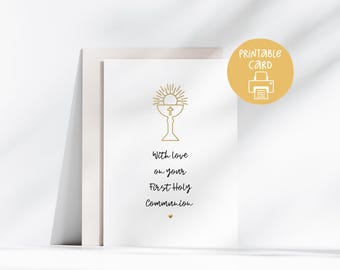 With Love On Your First Holy Communion Card, Printable Religious Milestone Greeting, Modern Communion Card for Grandchild Godchild, 5X7