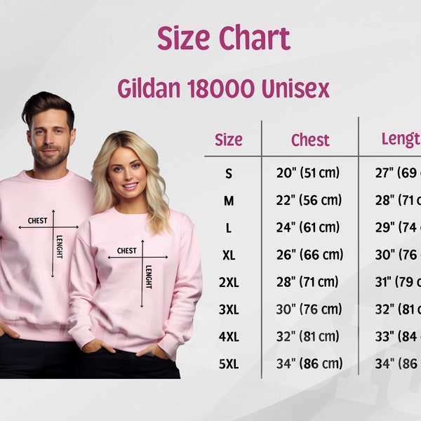 Gildan 18000 Couple Size Chart,Gildan Unisex Sweatshirt Size Chart,G180 Size Chart for Couples,Sweater Size Chart,Heavy Blend Crewneck Guide