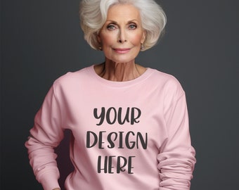 Gildan Light Pink Model Mockup, Old Woman Mock Up, Pink Grandma Mockup, Senior Sweatshirt Mockup, Old Lady Mockup, Granny Sweater Mockup