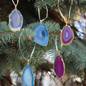 Crystal Holiday Ornaments, Gold or Silver Trim, Agate Slice Crystals, Tree Hanging, Christmas Ornament, Decorations, Handmade, Unique Gifts
