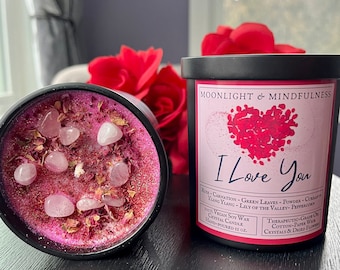 I Love You Soy Wax Crystal Candle, Valentines Day Gift, Wife, Girlfriend, Pink Crystal Healing, Heart, Hand-Poured Vegan Candles, Rose Petal