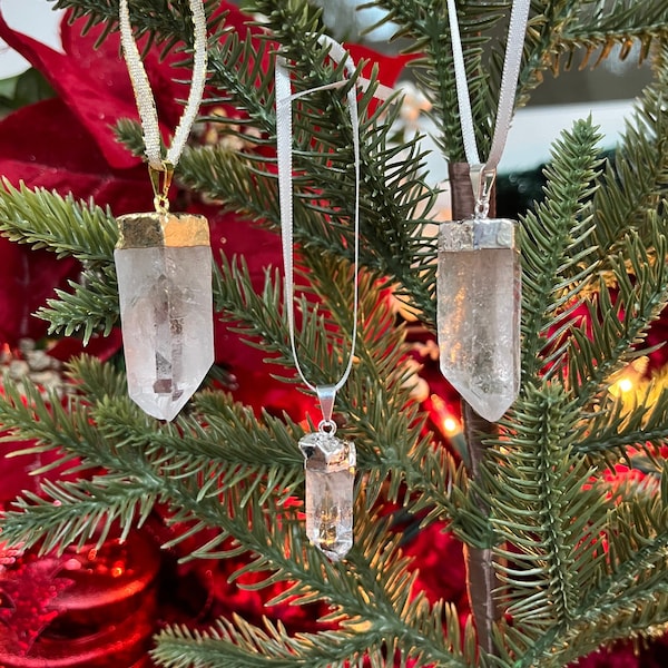 Clear Quartz Crystal Ornaments, Christmas Holiday Tree Decorations, Unique Gemstone Gifts, Crystal Lover, Handmade Ornaments, Silver, Winter