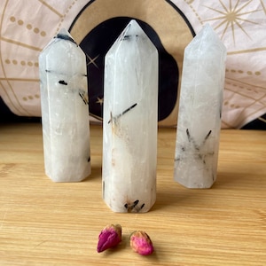 Tourmalinated Quartz Crystal Tower, Black Tourmaline, Tourmalized Quartz Point, Rutilated Black Clear Quartz, Healing Stone, Altar Gifts