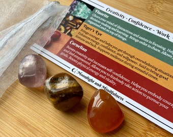 Set of 3 Crystals, Creativity, Confidence, Work, Beginner Set, Coworker Gift, Study, Healing Stones, Carnelian, Tigers Eye, Fluorite, Bundle
