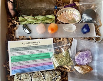Beginner Crystal Set, Basic Cleansing Kit, Protection Set, 16 pc, Witch Gift, Chakra, Ethically Sourced Stones Bundle, Selenite Wand, Smudge
