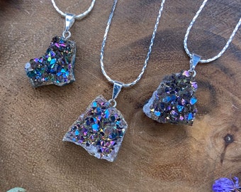 Titanium Aura Quartz Crystal Necklace, Druzy, Amethyst Rainbow Aura Flame, Geode Cluster, Gemstone, Raw Crystal Pendant, Handmade, Silver