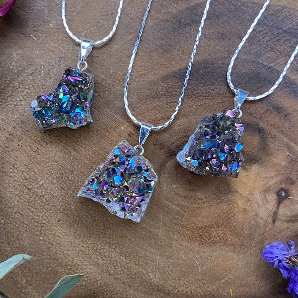 Titanium Aura Quartz Crystal Necklace, Druzy, Amethyst Rainbow Aura Flame, Geode Cluster, Gemstone, Raw Crystal Pendant, Handmade, Silver