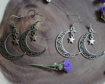 Moon Star Dangle Earrings, Crescent Moon Earrings, Lunar Jewelry, Lunar Gifts, Moon Gifts, Moon Jewelry, Celestial Gifts, Celestial Earrings