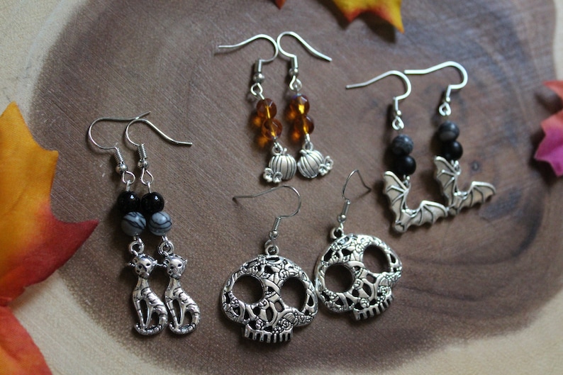 Gemstone Earrings Cat Skulls Halloween Party Halloween Earrings Halloween Gifts Fall Autumn Jewelry Fall Season Gifts Bats Pumpkin