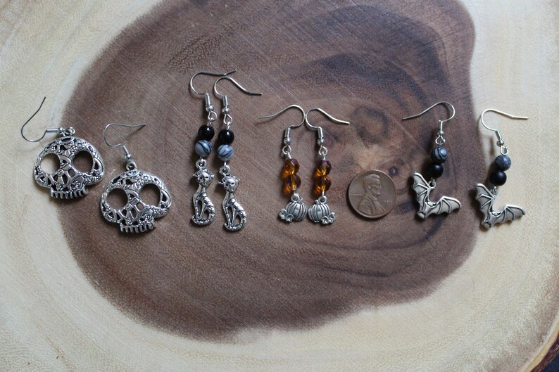 Gemstone Earrings Cat Skulls Halloween Party Halloween Earrings Halloween Gifts Fall Autumn Jewelry Fall Season Gifts Bats Pumpkin