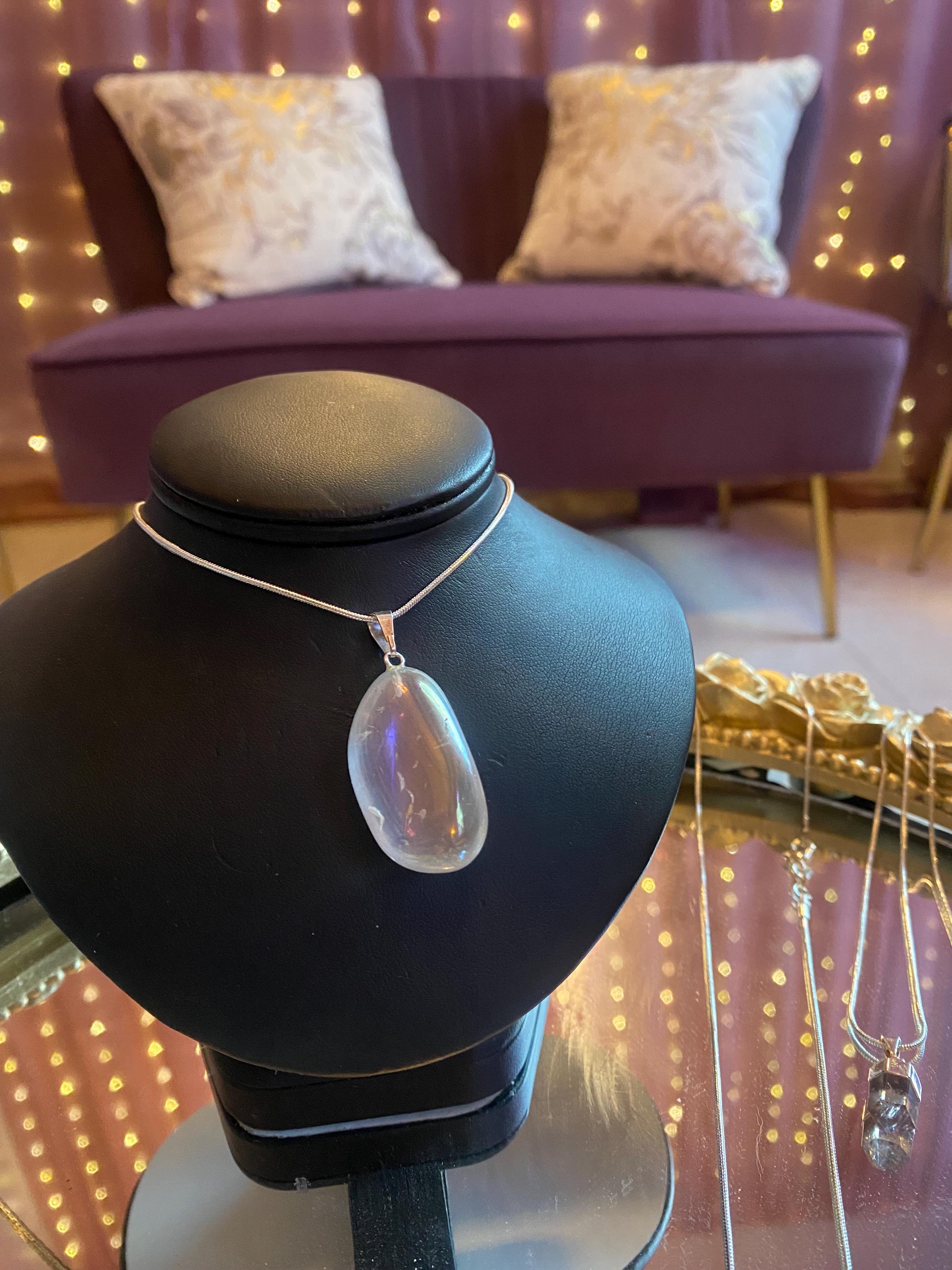 Angel Aura Quartz Crystal Necklace, Freeform, Rainbow Quartz Pendant, Crystal Healing Jewelry, Clear Quartz Pendant, Angel Grief Gift, Calm