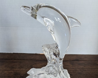 Clear and Frosted Crystal Double Dolphins Riding a Wave Figurine