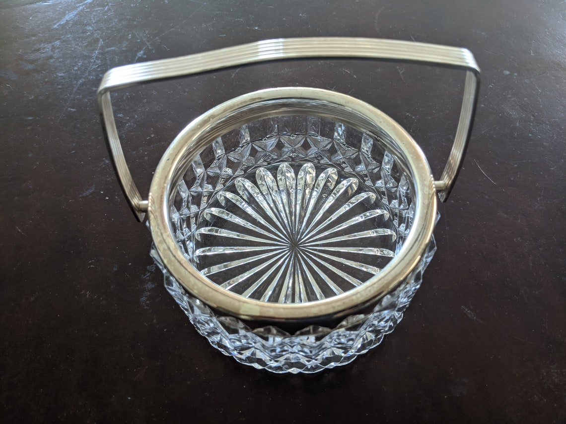 Crystal glass bowl candy/nut/ bowl with silver handle and rim Etsy