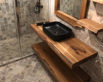 Mensola da bagno galleggiante in legno su misura, lavello Mensola a parete in legno massello rustico con bordo naturale dal vivo