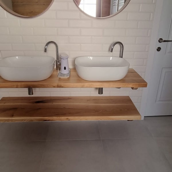 Maßgeschneidertes schwimmendes Badezimmer-Waschtischregal aus Holz, Waschbecken Live Natural Edge, rustikales Massivholz-Wandregal, neues Zuhause-Weihnachtsgeschenk