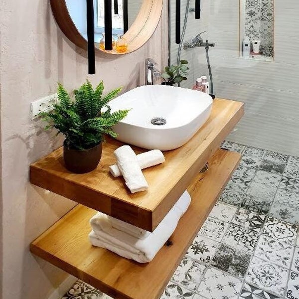 Étagère pour meuble-lavabo flottante en bois sur mesure pour lavabo, étagère murale rustique en bois massif avec bords naturels pour lavabo, cadeau de Noël pour une nouvelle maison