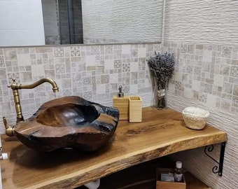 Estante de tocador flotante de madera de baño hecho a medida, estante montado en la pared de madera maciza rústica con borde natural vivo, regalo de Navidad para el nuevo hogar