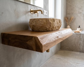 Supporto per lavabo in legno realizzato a mano su misura, mensola sospesa per bagno moderno e minimalista.