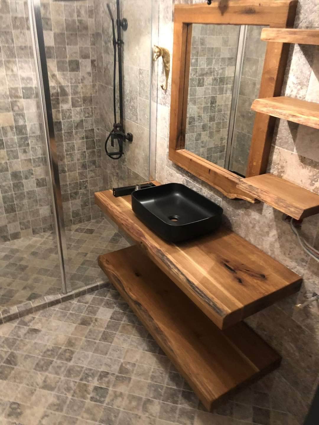 Custom Made Bathroom Wood Floating Vanity Shelf, Sink Live Natural Edge