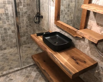 Étagère de vanité flottante fabriquée à la main sur mesure en chêne, décoration de salle de bain moderne rustique