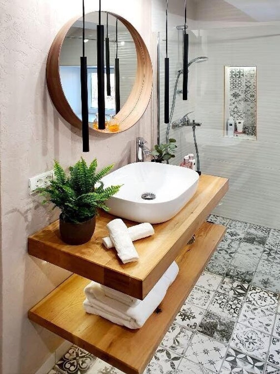 Custom Made Bathroom Wood Floating Vanity Shelf, Sink Live Natural