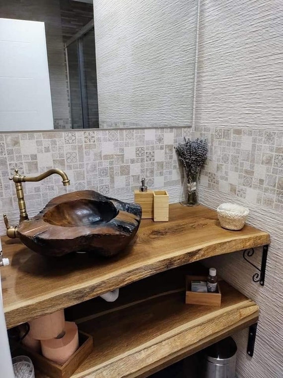 Estante de tocador flotante de madera de baño hecho a medida, estante  montado en la pared de madera maciza rústica con borde natural vivo, regalo  de Navidad para el nuevo hogar 