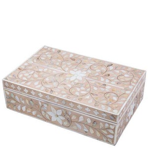 Mother of Pearl Inlay Decorative Box Floral in Pale Pink, Inlay Homewares