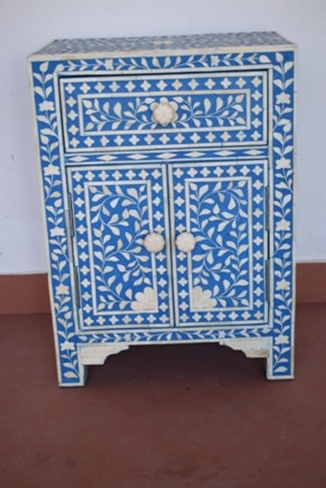 Bone Inlay Night Stand, Bedside Table in Blue Bone Inlay Bedside ...