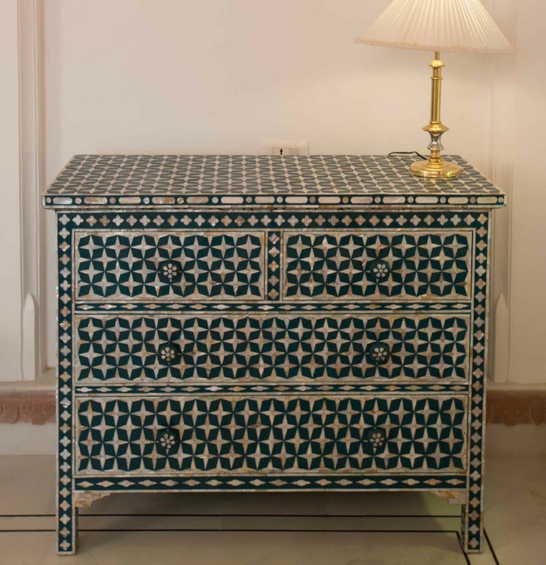Mother of Pearl Inlay 4 Drawers Chest , in Green Star Design, Inlaid