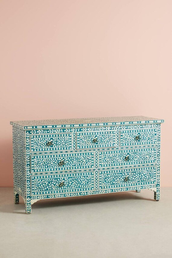 Teal Green Bone Inlay Dresser Authentic Bone Inlay Chest of 7