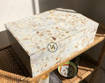 Mother Of Pearl Inlay Box White Floral Pattern, Storage Box , Decorative Box