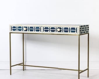 Bone Inlay Console with Brass Base 'I' Lattice Pattern in Dark Blue, Geometric Design Console, Bone Inlay Furniture, Handmade Furniture