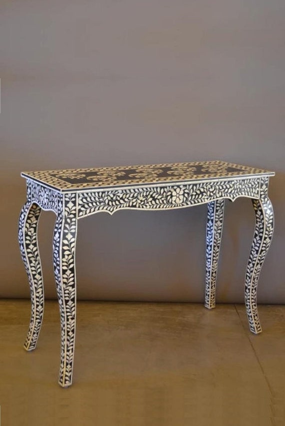 French Leg Floral Design Bone Inlay Black Console Table Side Table
