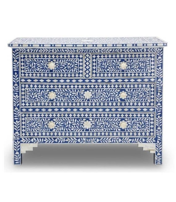 Bone Inlay Floral Chest of 4 Drawer Blue Free Shipping Etsy UK